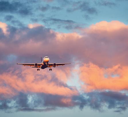 Airplane landing at sunset