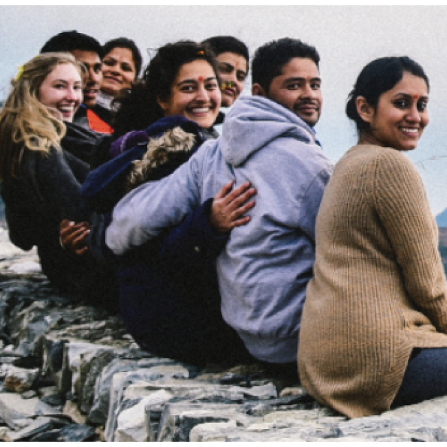 Students near a mountain