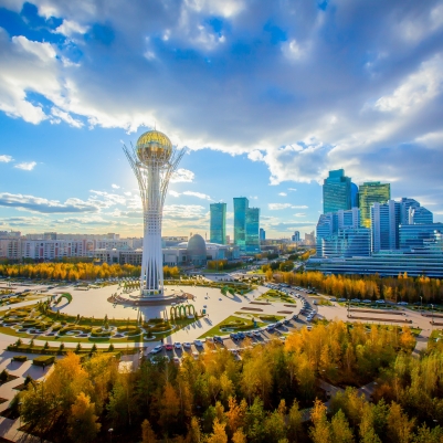 Astana, Nur-Sultan, Kazakhstan. Center of the city, skyscraper, view on Baiterek